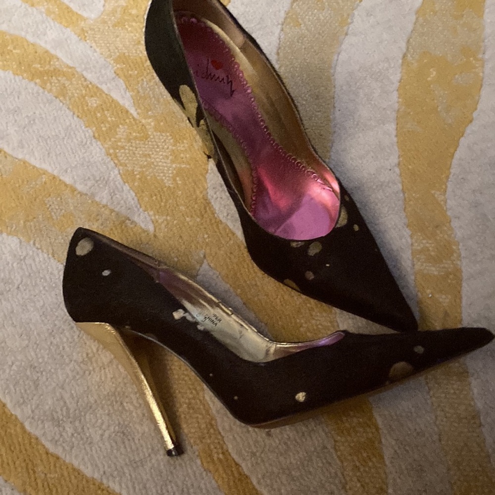 Black Pony Hair with Metallic Gold Splash Pumps